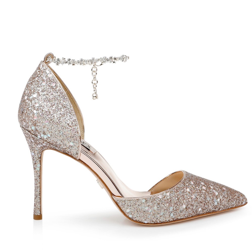 Never worn Badgley Mischka Tierra shoes. Color -Platino. Jeweled ankle clasp.